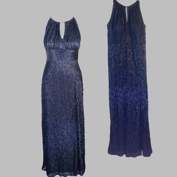 Sleek Metallic Deep Blue Halter Maxi Empire Waist Thigh Slit Evening Gown 12 USA - Picture 7 of 9